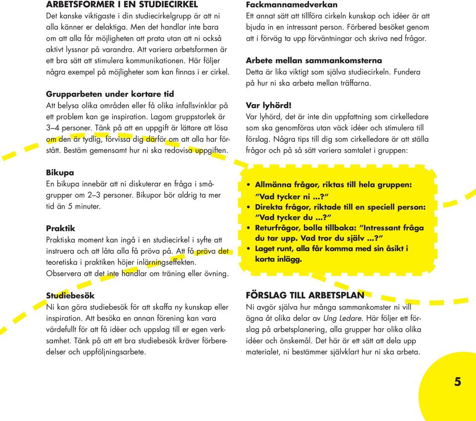 Här följer några exempel på möjligheter som kan finnas i er cirkel. Grupparbeten under kortare tid Att belysa olika områden eller få olika infallsvinklar på ett problem kan ge inspiration.