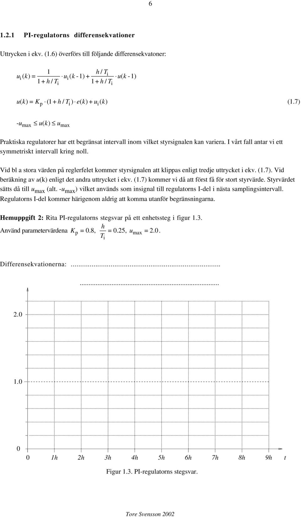 7) -umax u( k) umax Praktiska regulatorer ar ett begränsat intervall inom vilket styrsignalen kan variera. I vårt fall antar vi ett symmetriskt intervall kring noll.