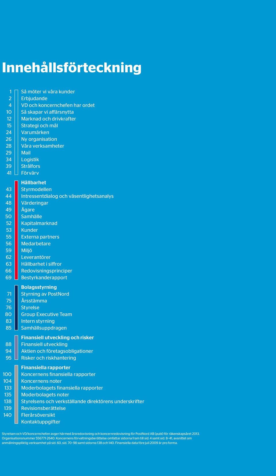 Kapitalmarknad 53 Kunder 55 Externa partners 56 Medarbetare 59 Miljö 62 Leverantörer 63 Hållbarhet i siffror 66 Redovisningsprinciper 69 Bestyrkanderapport Bolagsstyrning 71 Styrning av PostNord 75