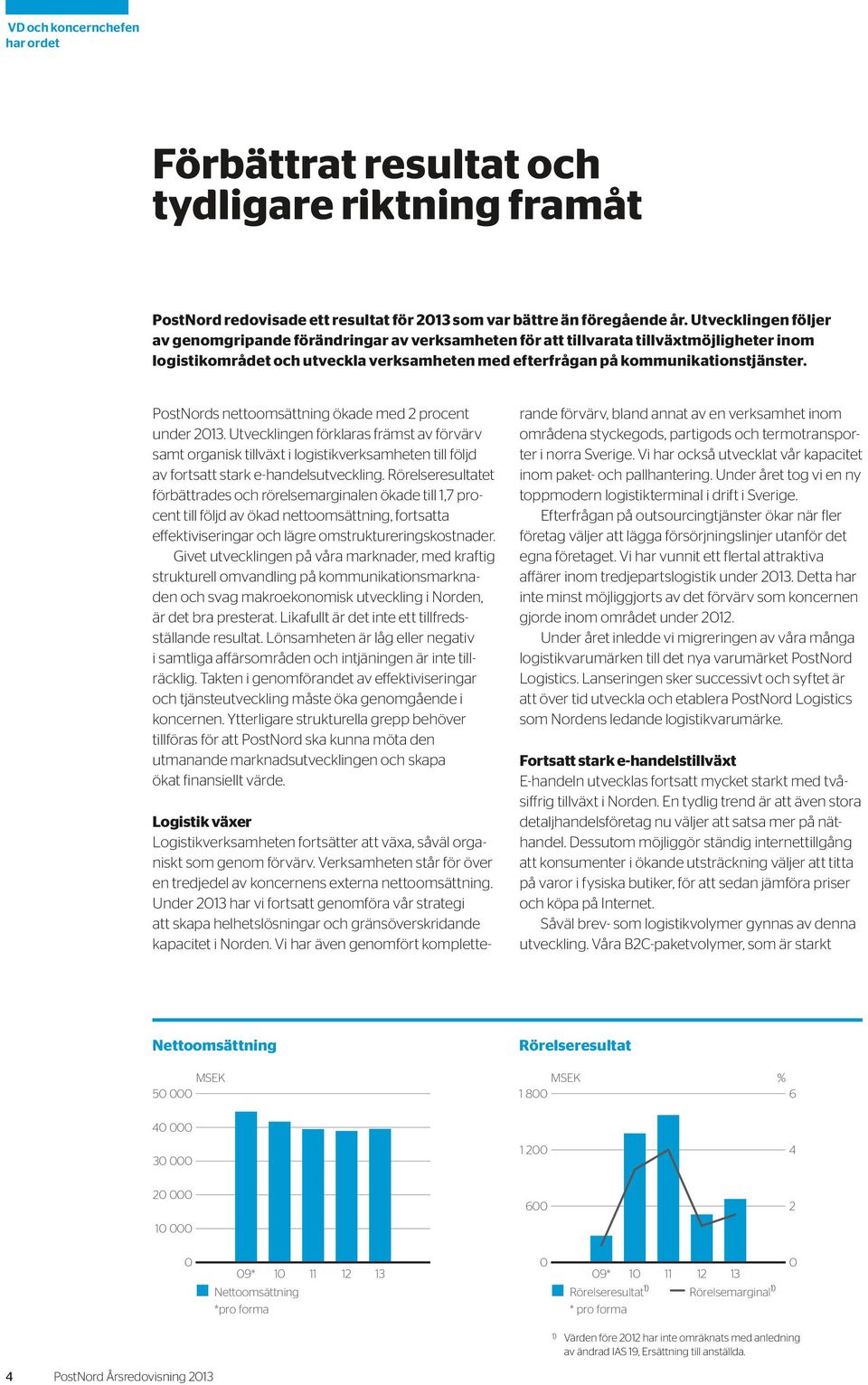 PostNords nettoomsättning ökade med 2 procent under 2013. Utvecklingen förklaras främst av förvärv samt organisk tillväxt i logistikverksamheten till följd av fortsatt stark e-handelsutveckling.