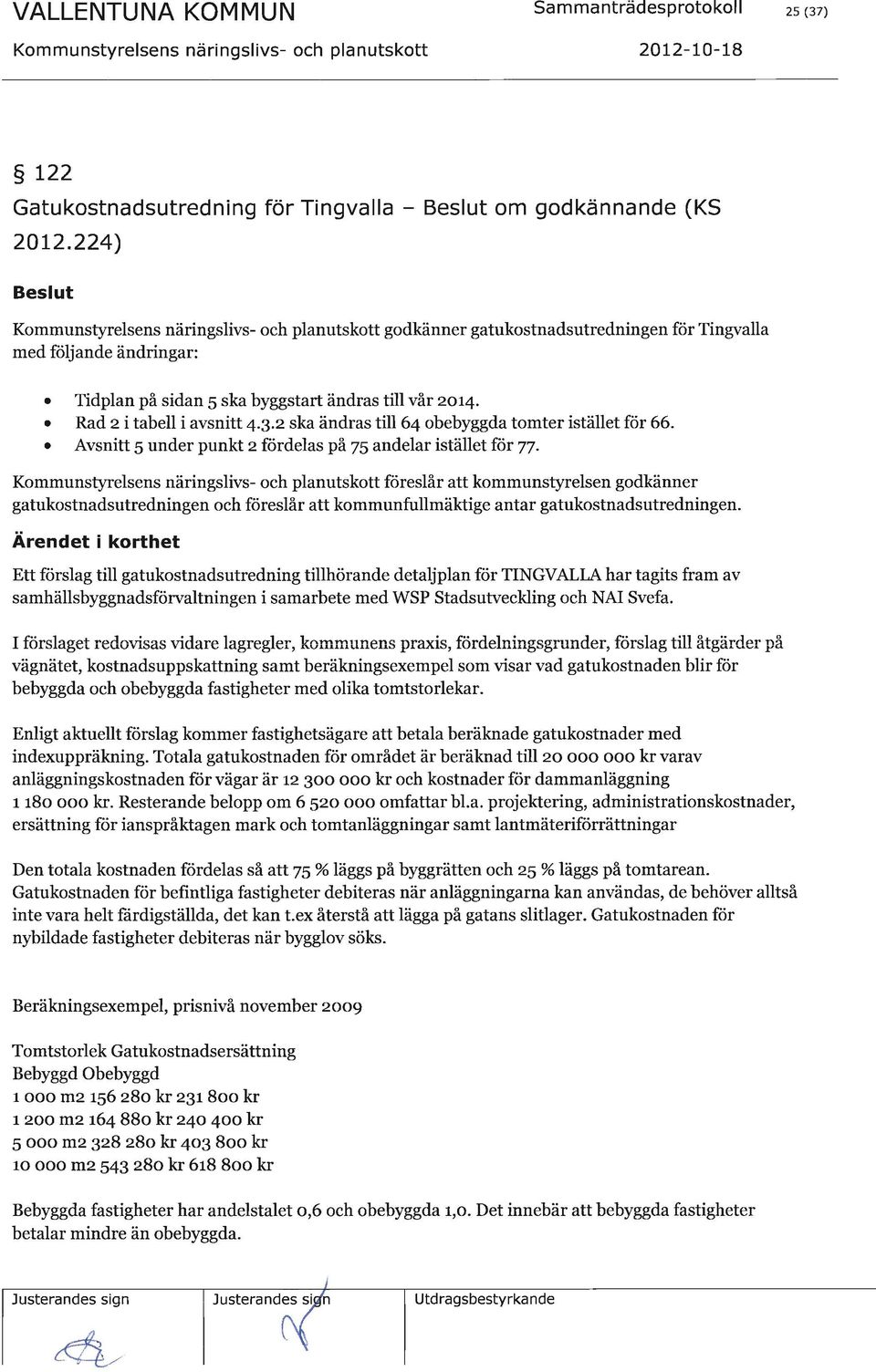 Rad 2 i tabell i avsnitt 4.3.2 ska ändras till 64 obebyggda tomter istället för 66. Avsnitt 5 under punkt 2 fördelas på 75 andelar istället för 77.