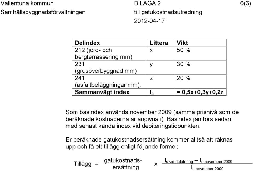 Sammanvägt index I s = 0,5x+0,3y+0,2z Som basindex används november 2009 (samma prisnivå som de beräknade kostnaderna är angivna i).