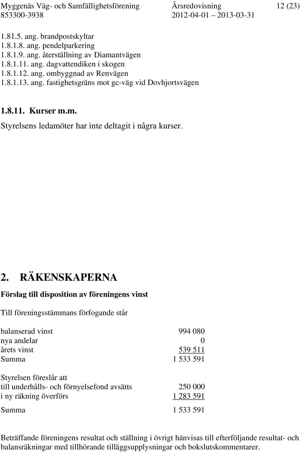 RÄKENSKAPERNA Förslag till disposition av föreningens vinst Till föreningsstämmans förfogande står balanserad vinst 994 080 nya andelar 0 årets vinst 539 511 Summa 1 533 591 Styrelsen föreslår att