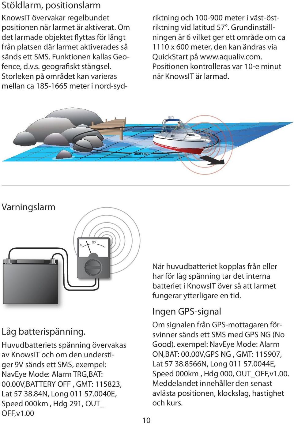 Grundinställningen är 6 vilket ger ett område om ca 1110 x 600 meter, den kan ändras via QuickStart på www.aqualiv.com. Positionen kontrolleras var 10-e minut när KnowsIT är larmad.