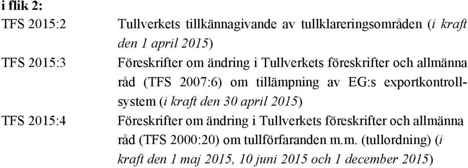 EG:s exportkontrollsystem (i kraft den 30 april 2015) Föreskrifter om ändring i Tullverkets föreskrifter och