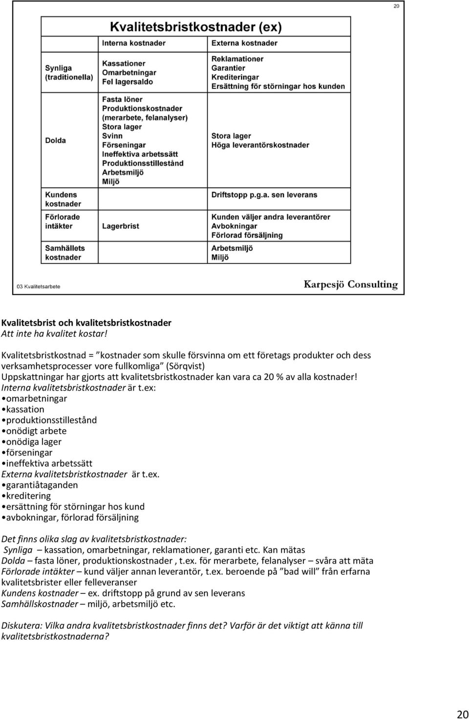 vara ca 20 % av alla kostnader! Interna kvalitetsbristkostnader är t.