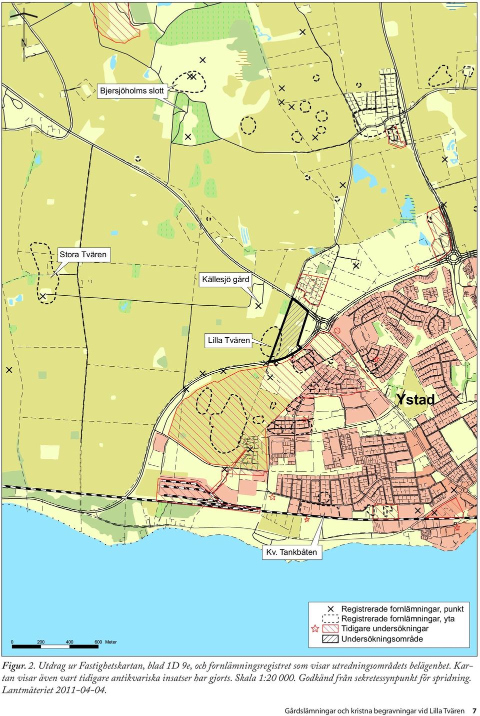 Utdrag ur Fastighetskartan, blad 1D 9e, och fornlämningsregistret som visar utredningsområdets belägenhet.