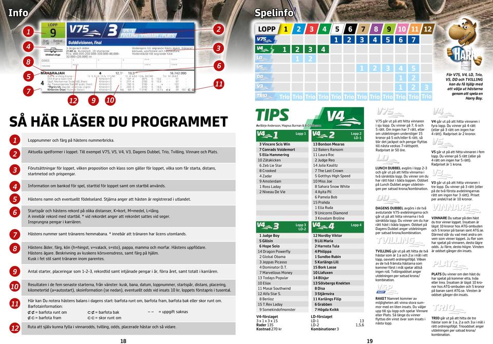 Information om bankod för spel, starttid för loppet samt om startbil används. Hästens namn och eventuellt födelseland. Stjärna anger att hästen är registrerad i utlandet.