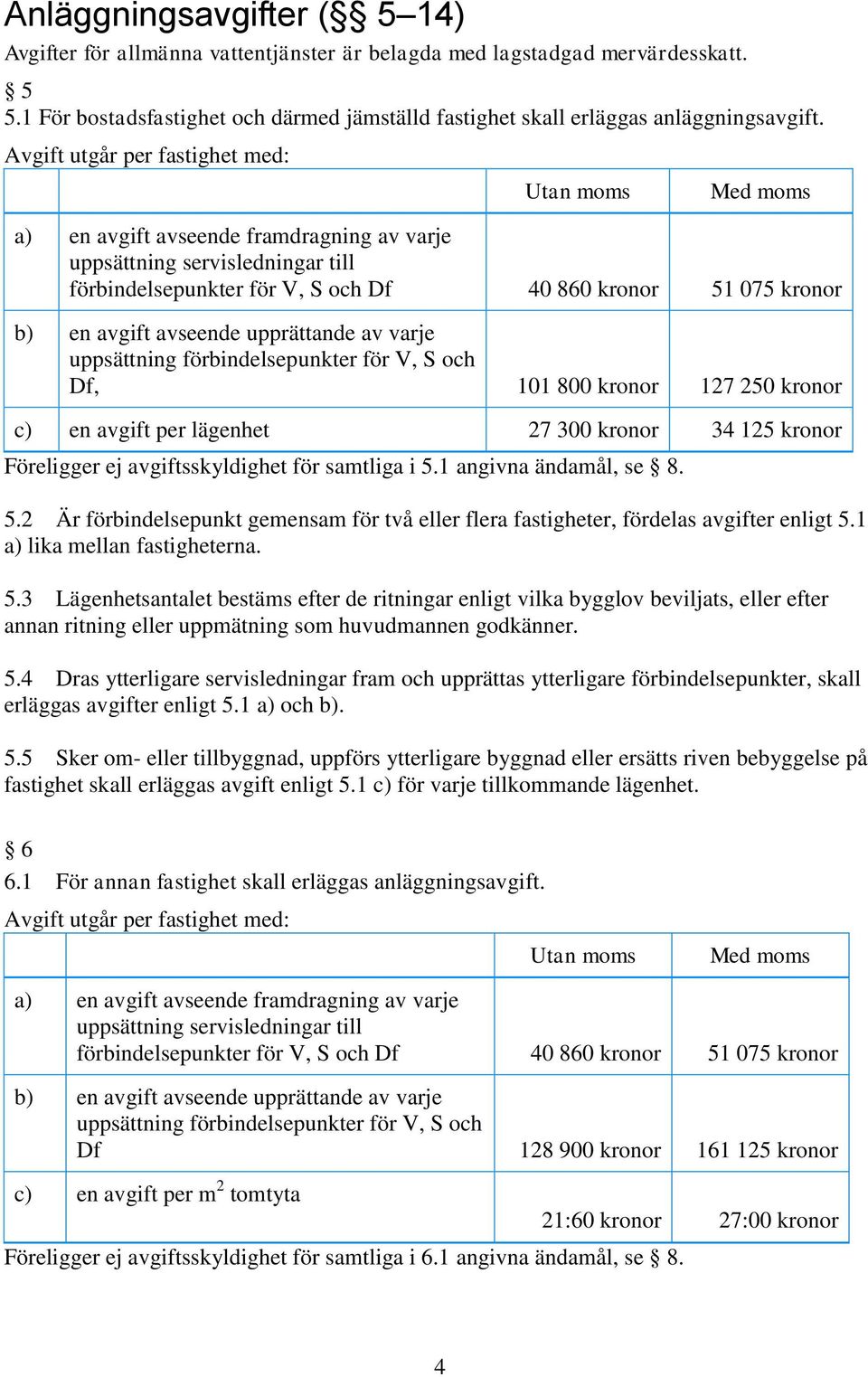 upprättande av varje uppsättning förbindelsepunkter för V, S och Df, 101 800 kronor 127 250 kronor c) en avgift per lägenhet 27 300 kronor 34 125 kronor Föreligger ej avgiftsskyldighet för samtliga i