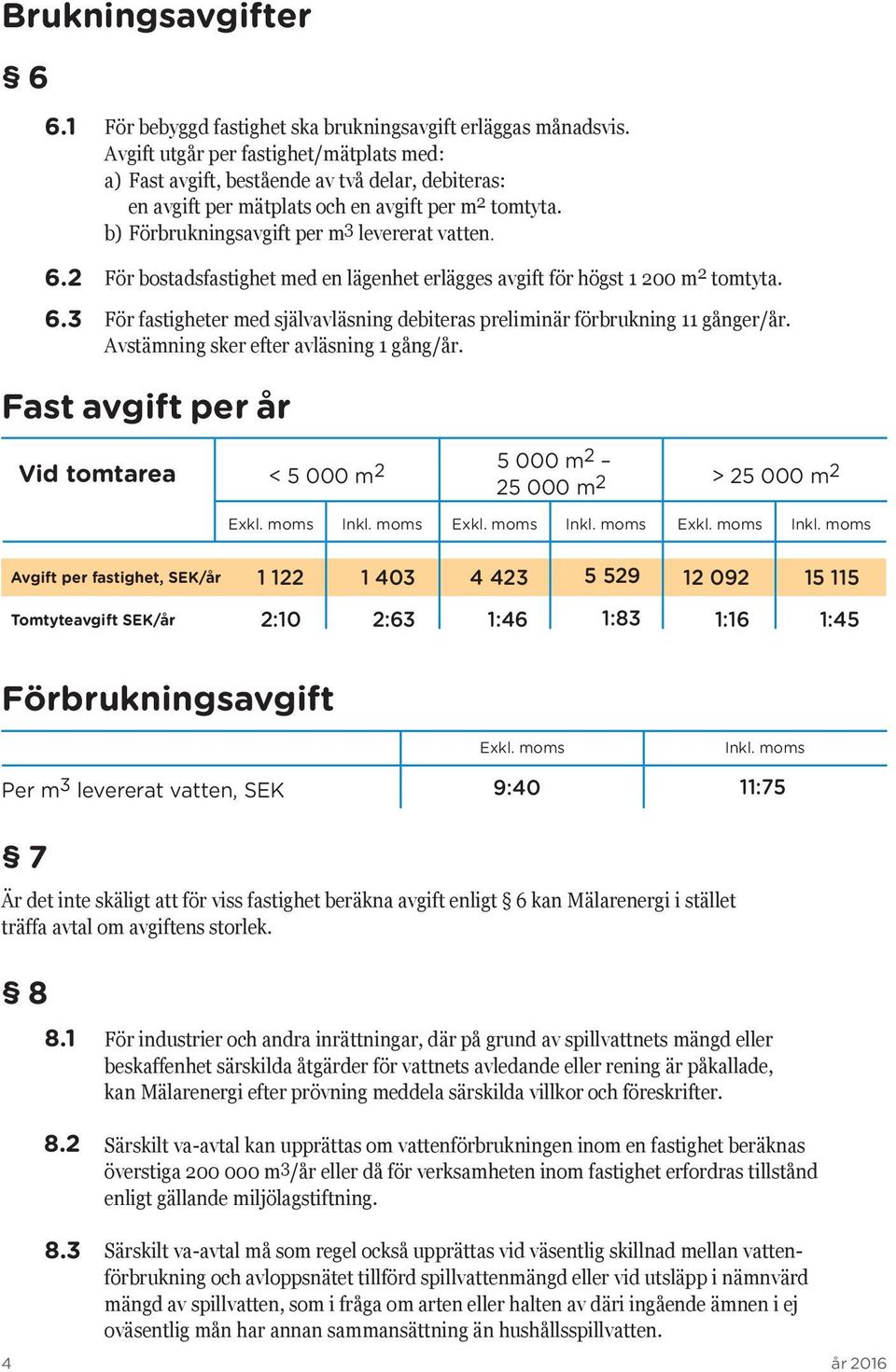 För bostadsfastighet med en lägenhet erlägges avgift för högst 1 200 m 2 tomtyta. För fastigheter med självavläsning debiteras preliminär förbrukning 11 gånger/år.