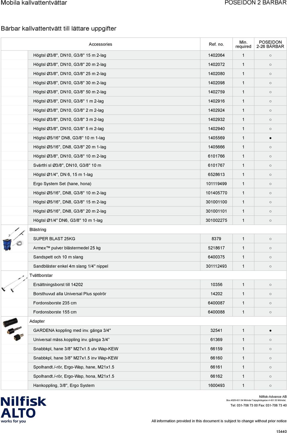 G3/8'' m -lag 45569 Högtsl Ø5/6'', DN8, G3/8'' 2 m -lag 45666 Högtsl Ø3/8'', DN, G3/8'' m 2-lag 6766 Svärtfri sl Ø3/8'', DN, G3/8'' m 6767 Högtsl Ø/4'', DN 6, 5 m -lag 652863 Ergo System Set (hane,