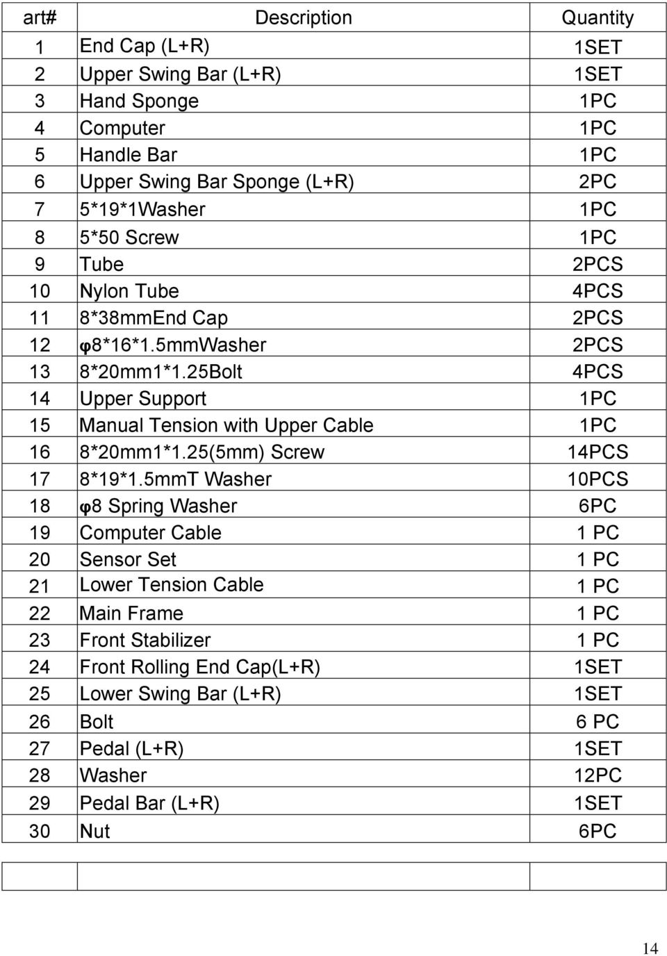 25Bolt 4PCS 14 Upper Support 1PC 15 Manual Tension with Upper Cable 1PC 16 8*20mm1*1.25(5mm) Screw 14PCS 17 8*19*1.