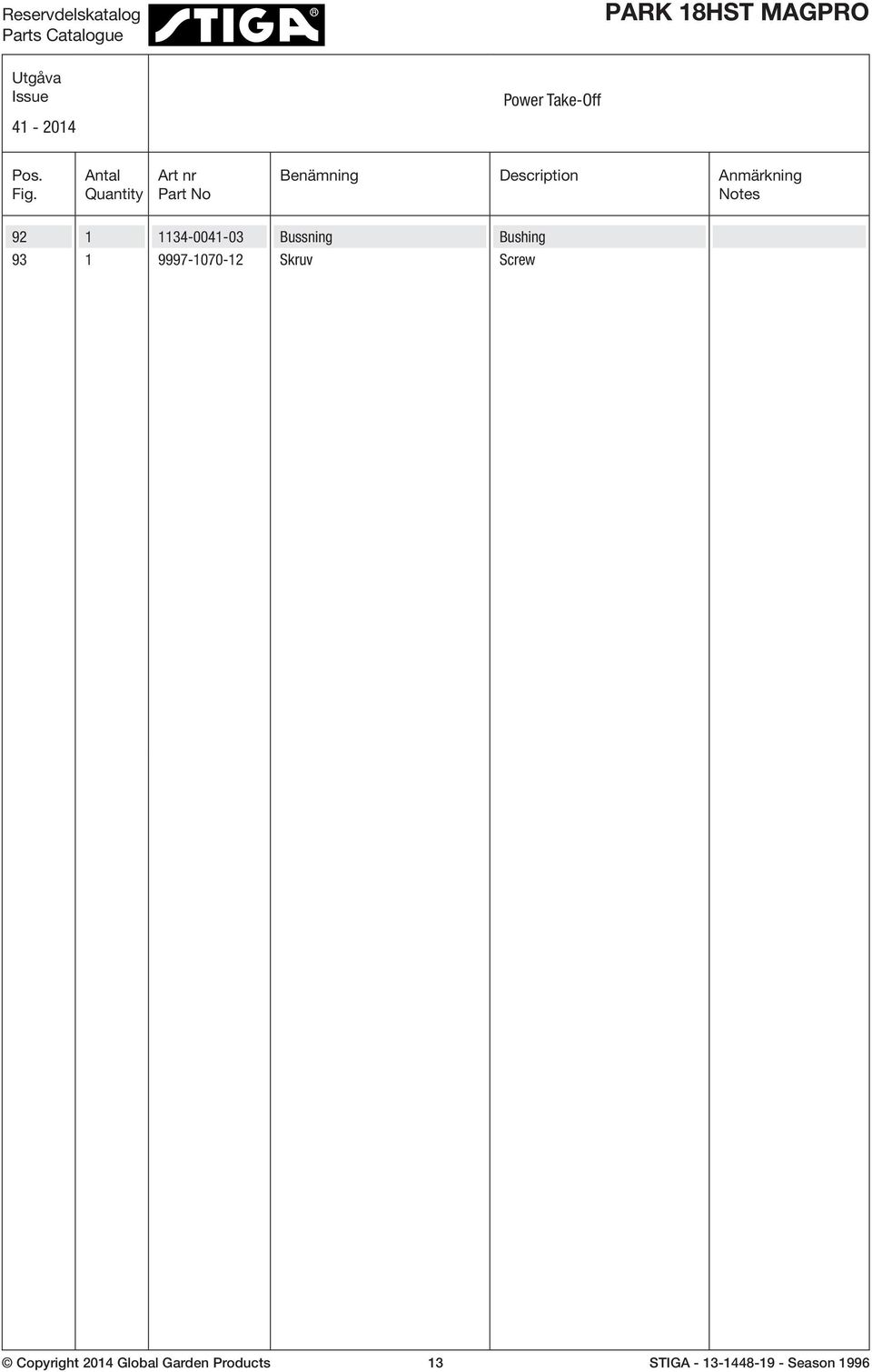 rkning Notes 92 1 1134-0041-03 Bussning Bushing 93 1