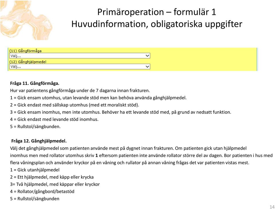 Behöver ha ett levande stöd med, på grund av nedsatt funktion. 4 = Gick endast med levande stöd inomhus. 5 = Rullstol/sängbunden. Fråga 12. Gånghjälpmedel.