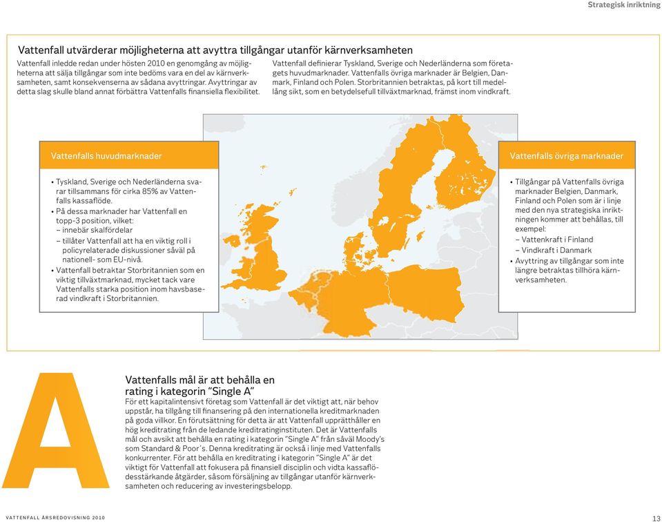 Vattenfall definierar Tyskland, Sverige och Nederländerna som företagets huvudmarknader. Vattenfalls övriga marknader är Belgien, Danmark, Finland och Polen.