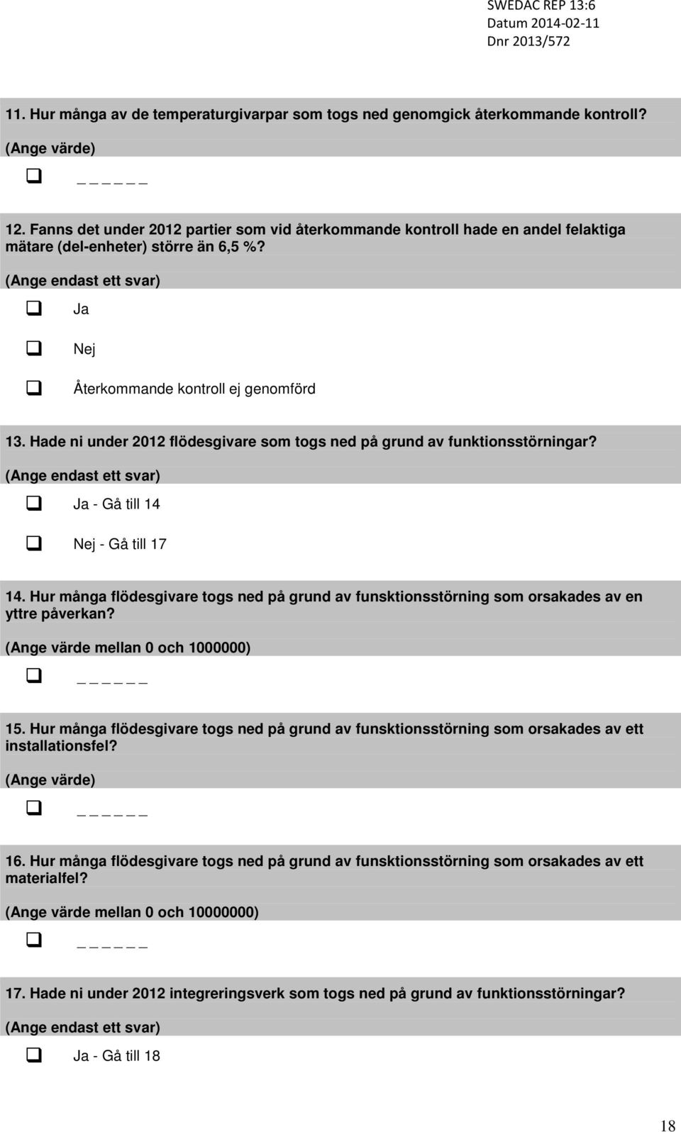 Hade ni under 2012 flödesgivare som togs ned på grund av funktionsstörningar? (Ange endast ett svar) Ja - Gå till 14 Nej - Gå till 17 14.