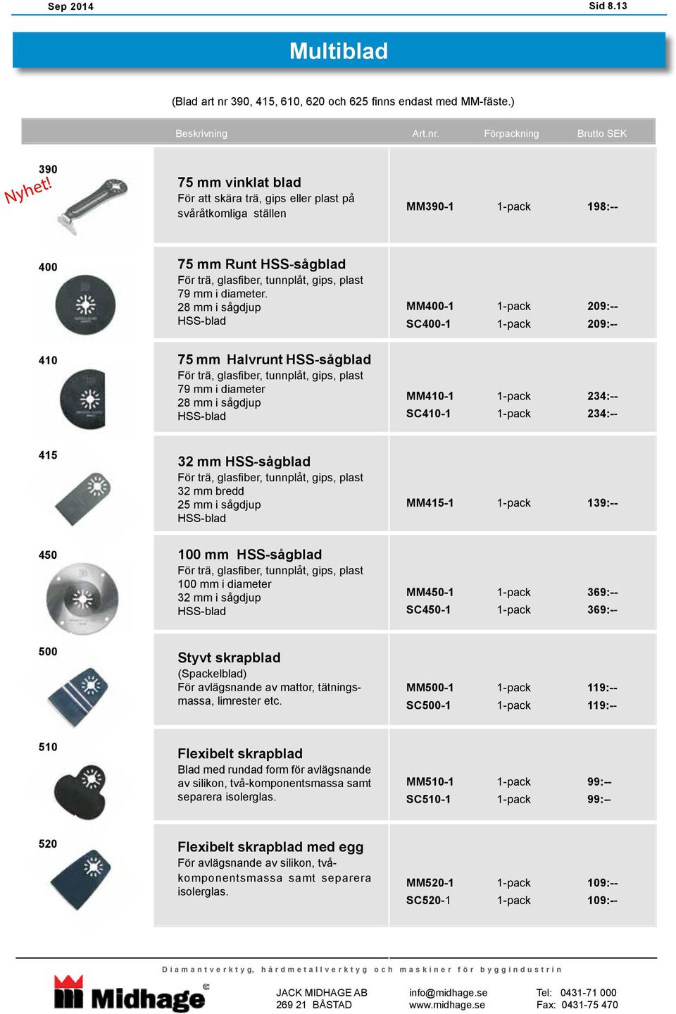 28 i sågdjup HSS-blad 75 Halvrunt HSS-sågblad För trä, glasfiber, tunnplåt, gips, plast 79 i diameter 28 i sågdjup HSS-blad MM400-1 1-pack 209:-- SC400-1 1-pack 209:-- MM410-1 1-pack 234:-- SC410-1