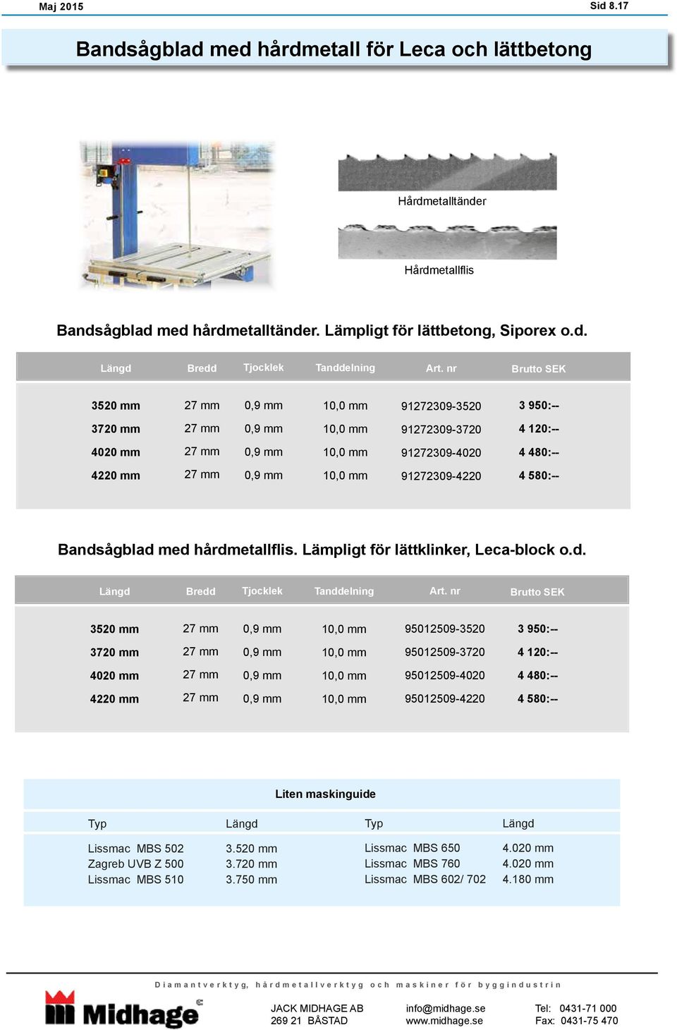 Lämpligt för lättklinker, Leca-block o.d. Bredd Tanddelning Art.