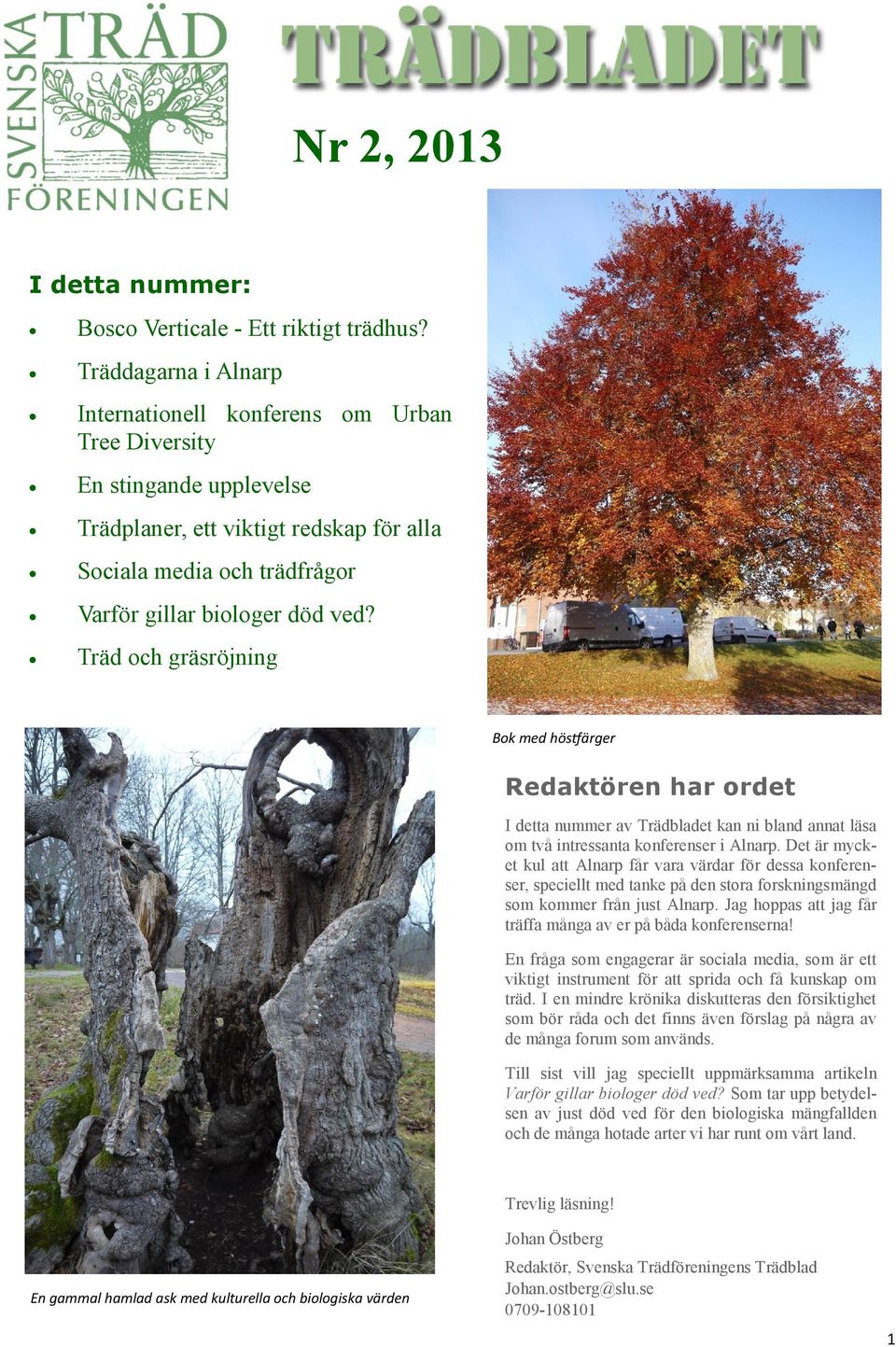 Träd och gräsröjning Bok med höstfärger Redaktören har ordet I detta nummer av Trädbladet kan ni bland annat läsa om två intressanta konferenser i Alnarp.