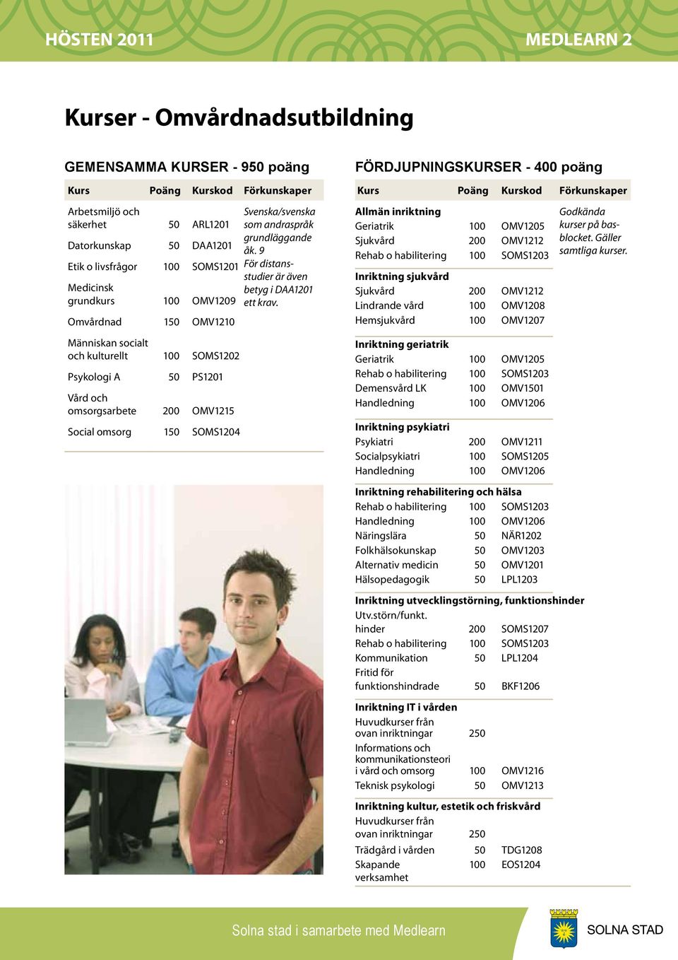 omsorgsarbete 200 OMV1215 Social omsorg 150 SOMS1204 Svenska/svenska som andraspråk grundläggande åk. 9 För distansstudier är även betyg i DAA1201 ett krav.