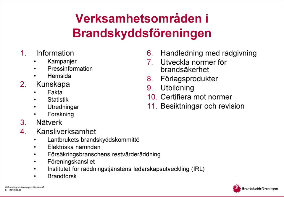 Kansliverksamhet Lantbrukets brandskyddskommitté Elektriska nämnden Försäkringsbranschens restvärderäddning Föreningskansliet 6.