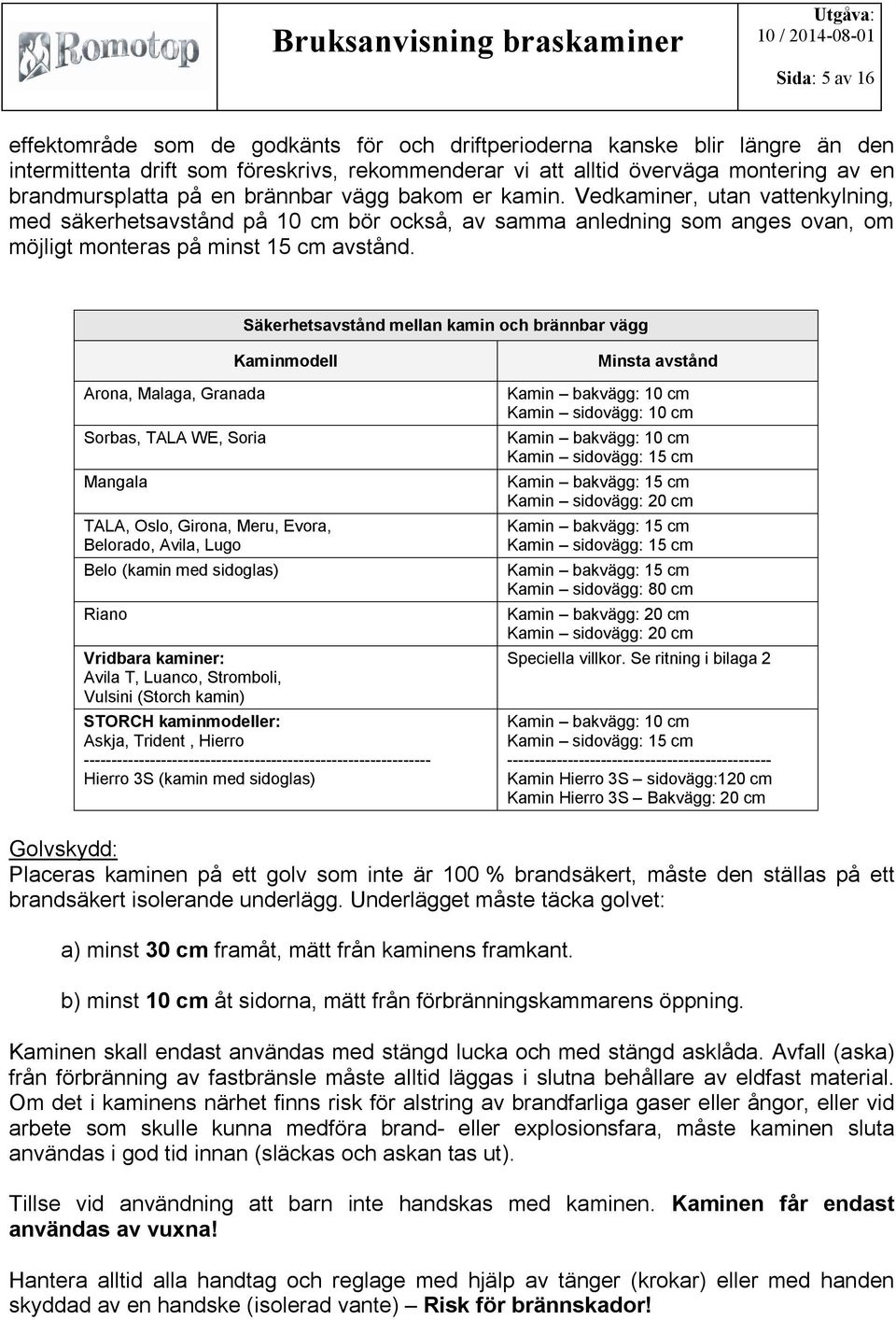 Säkerhetsavstånd mellan kamin och brännbar vägg Arona, Malaga, Granada Sorbas, TALA WE, Soria Mangala Kaminmodell TALA, Oslo, Girona, Meru, Evora, Belorado, Avila, Lugo Belo (kamin med sidoglas)