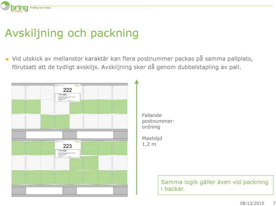 Avskiljning sker då genom dubbelstapling av pall.