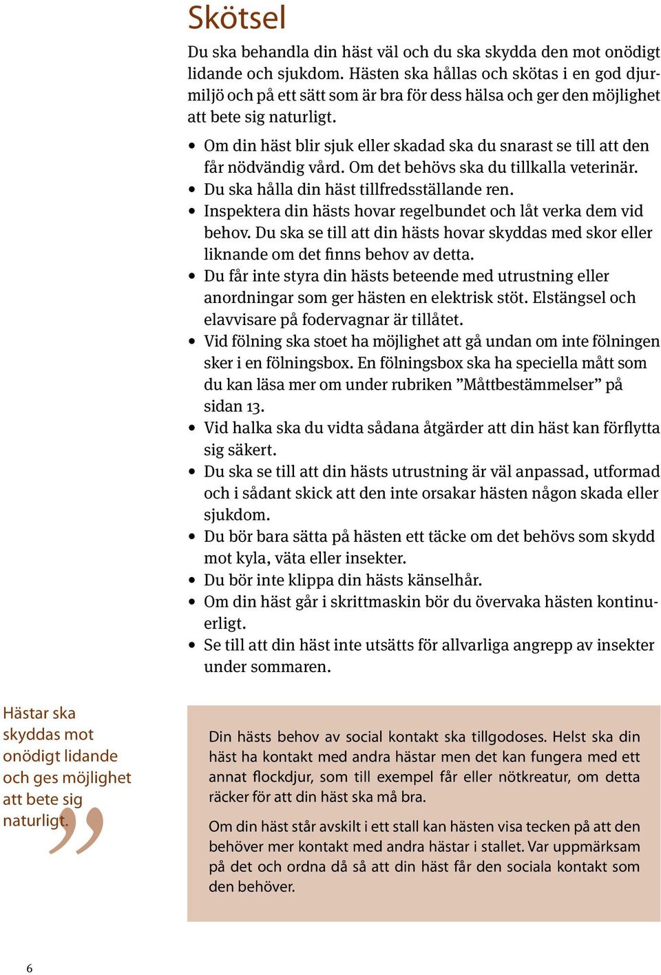 Om din häst blir sjuk eller skadad ska du snarast se till att den får nödvändig vård. Om det behövs ska du tillkalla veterinär. Du ska hålla din häst tillfredsställande ren.