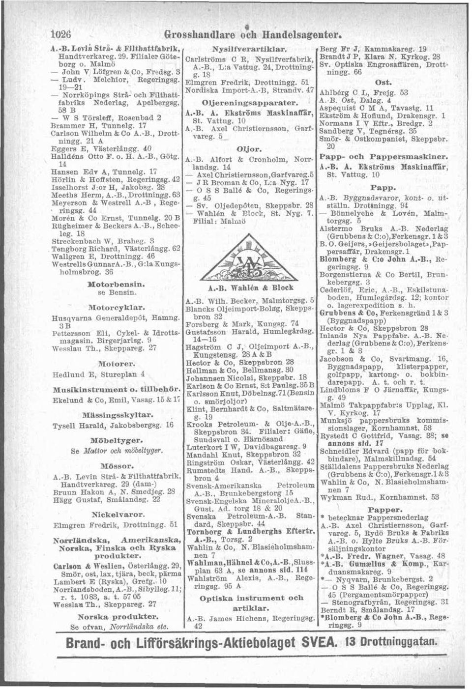 66 - Luav. Melchior, Regeringag. Elmgren Fredrik, Dmttningg. 51 19-21 ost. Nordiska - Norrköpings str%- och ~ilth~tt- Import A'.B, Stranav. 47 Ahlbbrg C L, Frejg. 53 fabriks Nederlag, Apelbergsg.