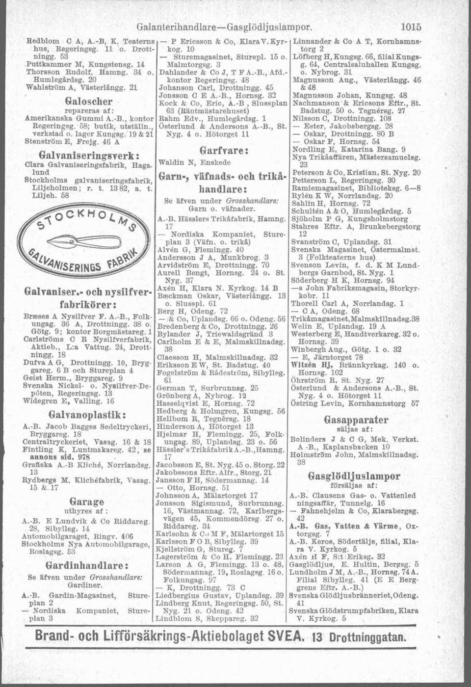 20 kontor Regeringsg. 48 Magnusson Aug., Västerl%ngg. 46 Wahlstrbm A, Västerlangg. 21 Johanson Carl, Drottningg. 45 $48 Jonsson C E A.-B, Hornsg. 39 Magnusson Johan, Kungsg.