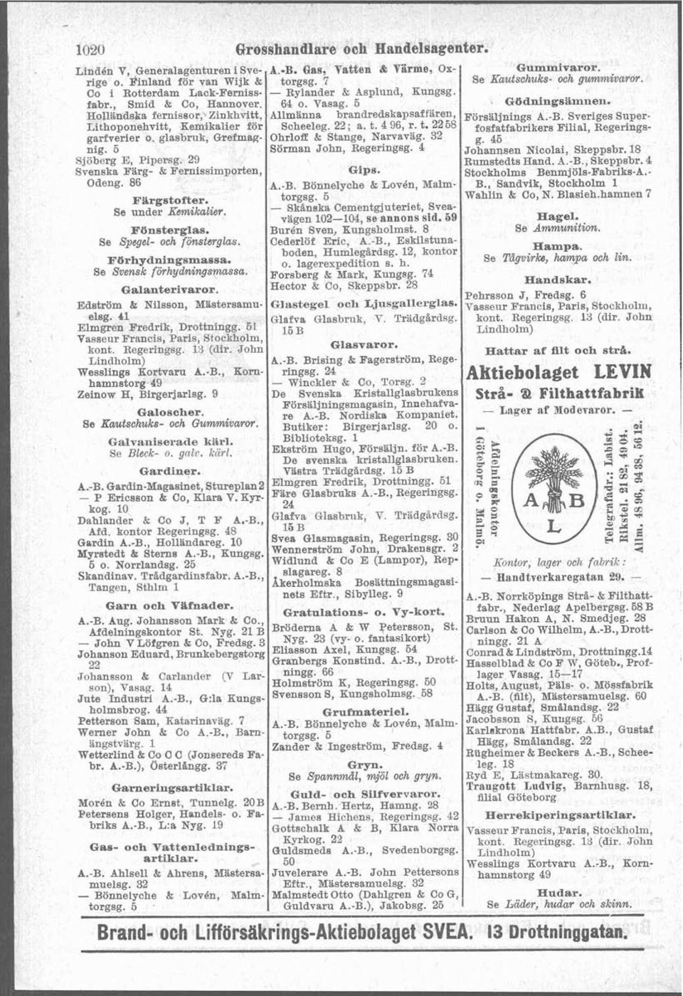 7 - Rylander & Asplund, Kungsg. 64 o. Vasag. 5 Gummivaror. Se Kautschuks- och gmmiuaror. Gödningsamnen. Allmanna brandredskapsafraren, Försäljnings A.-B. Sveriges Super- Scheeleg. 22 ; a. t. 4 96, r.