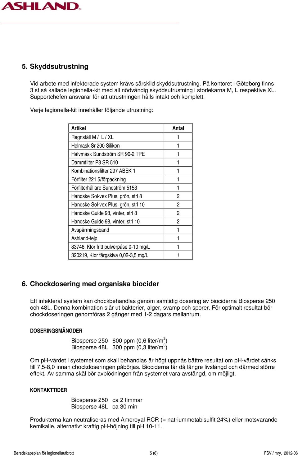 Varje legionella-kit innehåller följande utrustning: Artikel Antal Regnställ M / L / XL 1 Helmask Sr 200 Silikon 1 Halvmask Sundström SR 90-2 TPE 1 Dammfilter P3 SR 510 1 Kombinationsfilter 297 ABEK