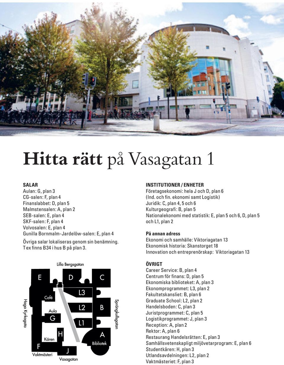 ekonomi samt Logistik) Juridik: C, plan 4, 5 och 6 Kulturgeografi: B, plan 5 Nationalekonomi med statistik: E, plan 5 och 6, D, plan 5 och L1, plan 2 På annan adress Ekonomi och samhälle: