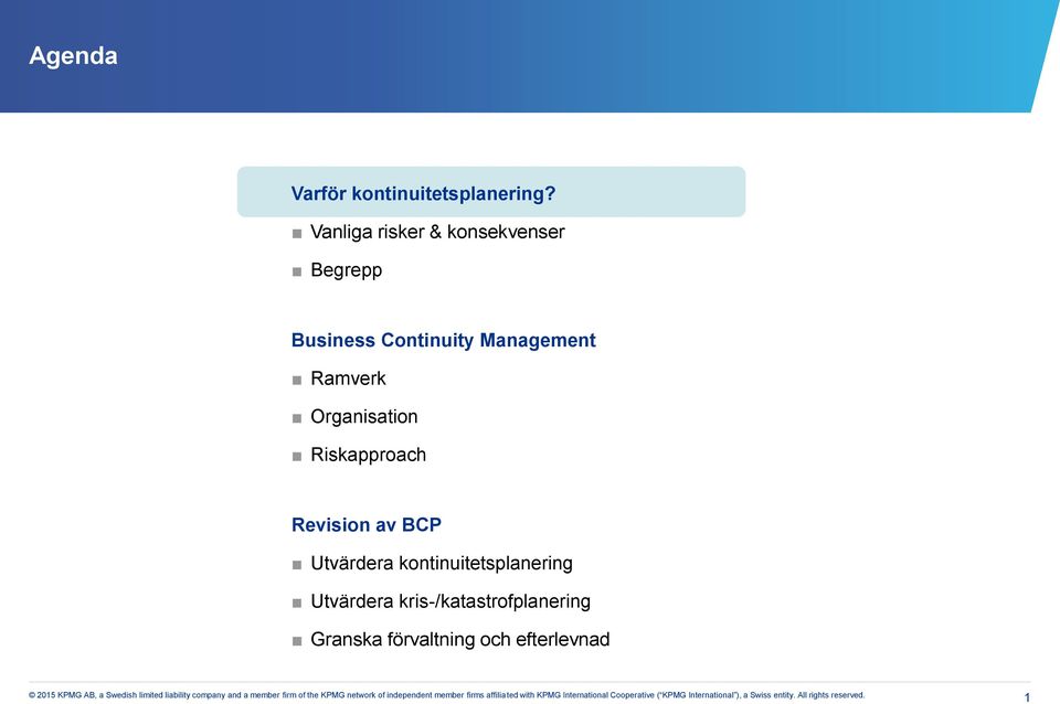 Management Ramverk Organisation Riskapproach Revision av BCP