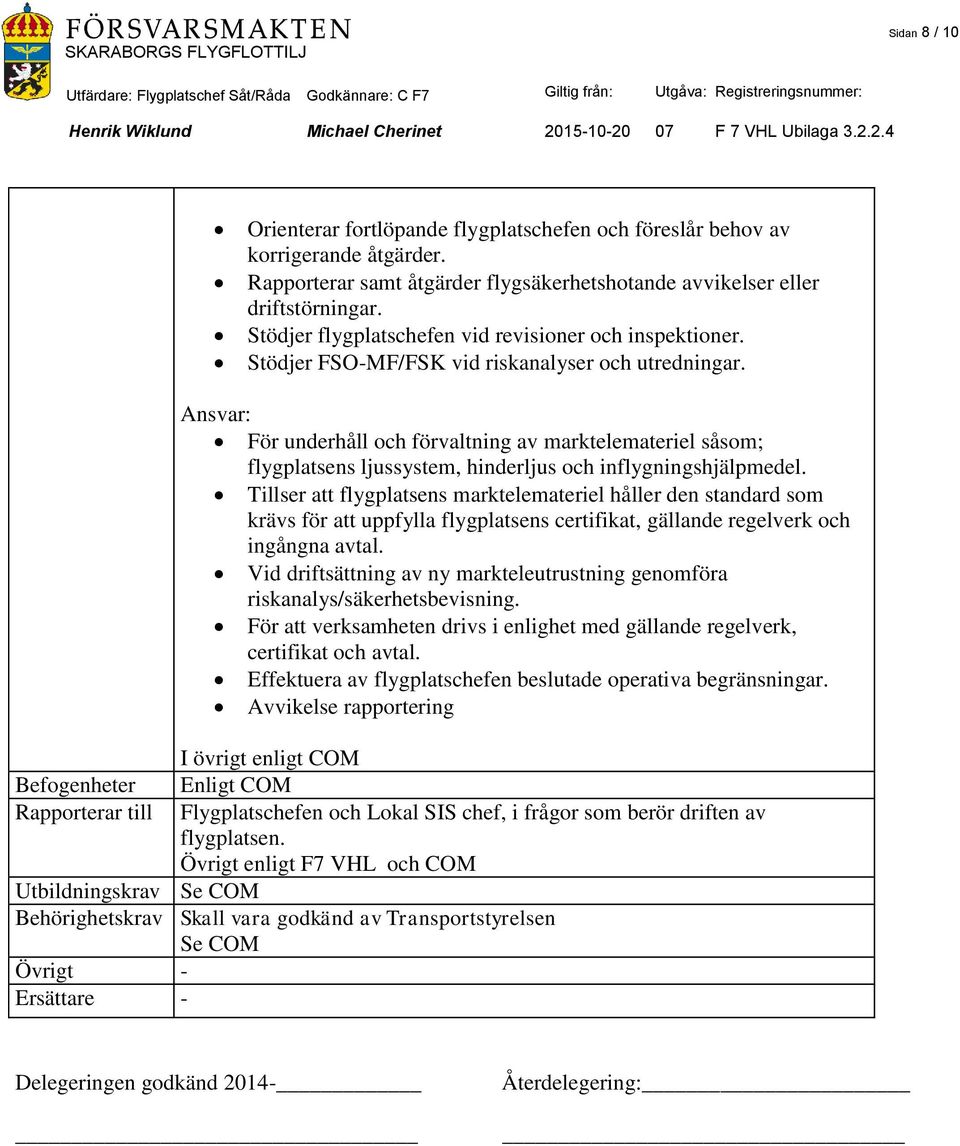 Befogenheter Rapporterar till För underhåll och förvaltning av marktelemateriel såsom; flygplatsens ljussystem, hinderljus och inflygningshjälpmedel.