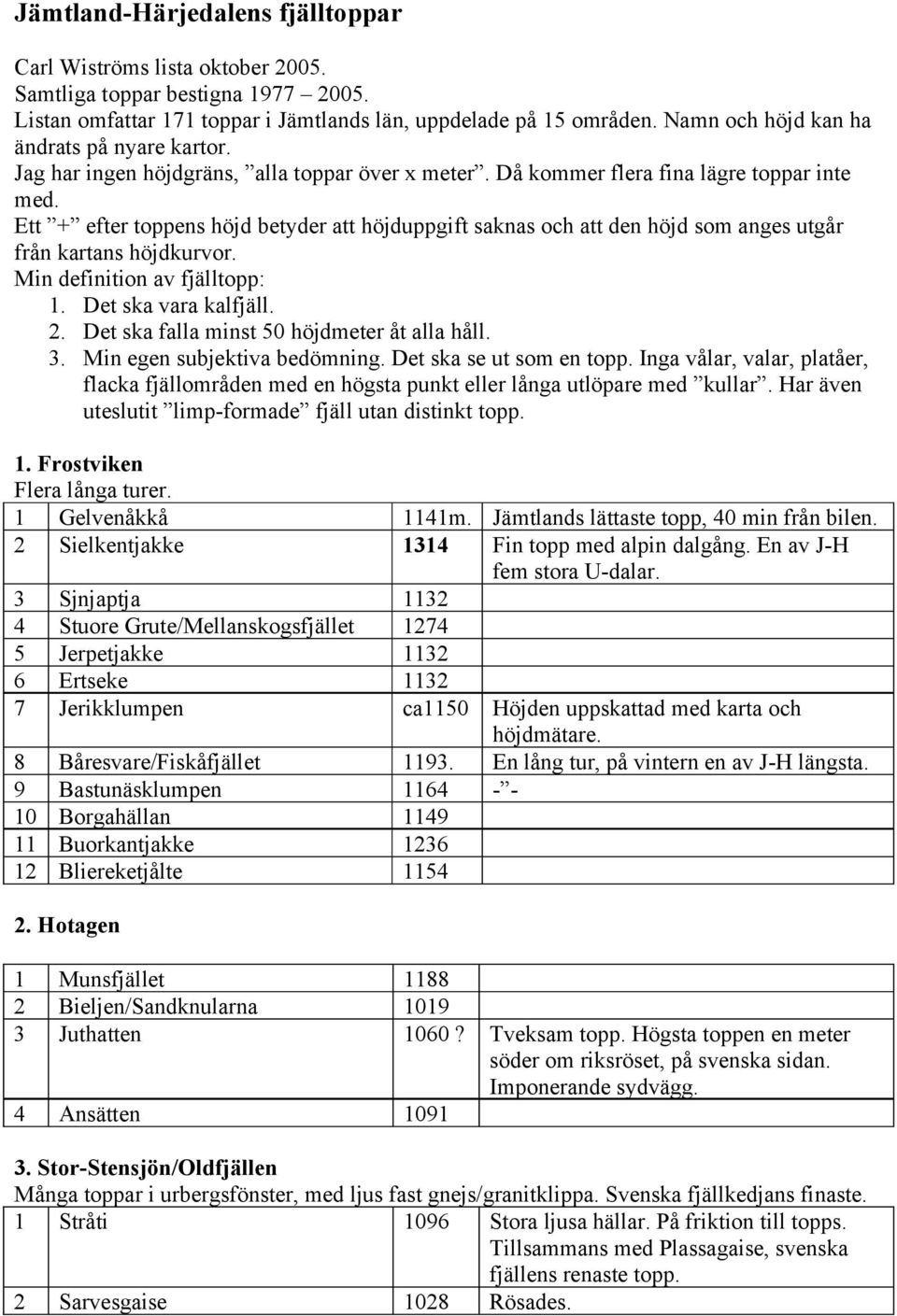 Ett + efter toppens höjd betyder att höjduppgift saknas och att den höjd som anges utgår från kartans höjdkurvor. Min definition av fjälltopp: 1. Det ska vara kalfjäll. 2.