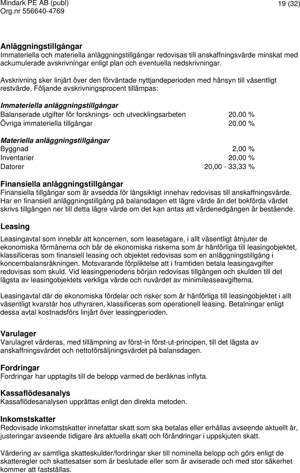 Följande avskrivningsprocent tillämpas: Immateriella anläggningstillgångar Balanserade utgifter för forsknings- och utvecklingsarbeten 20,00 % Övriga immateriella tillgångar 20,00 % Materiella