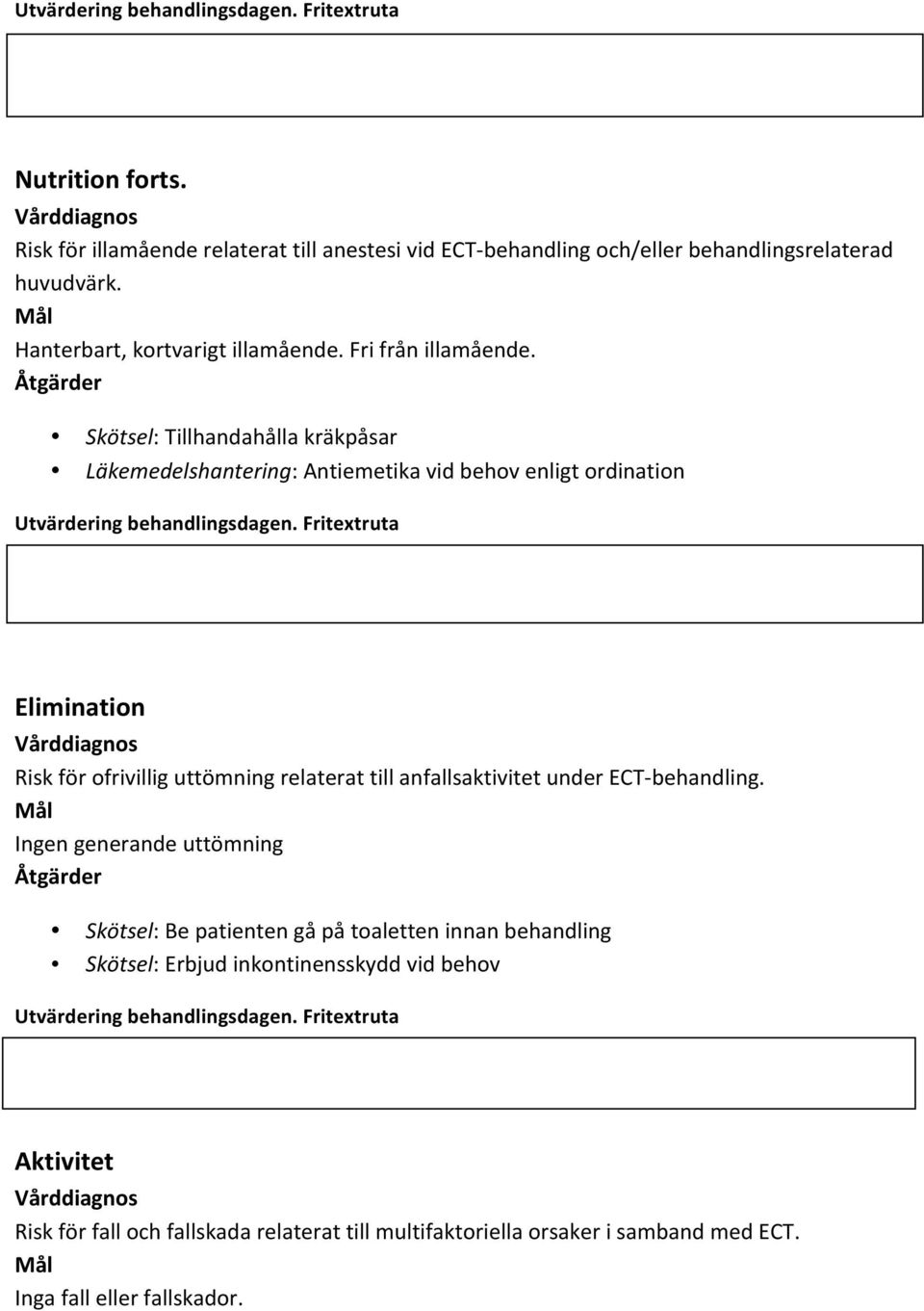 Skötsel: Tillhandahålla kräkpåsar Läkemedelshantering: Antiemetika vid behov enligt ordination Elimination Risk för ofrivillig uttömning relaterat till