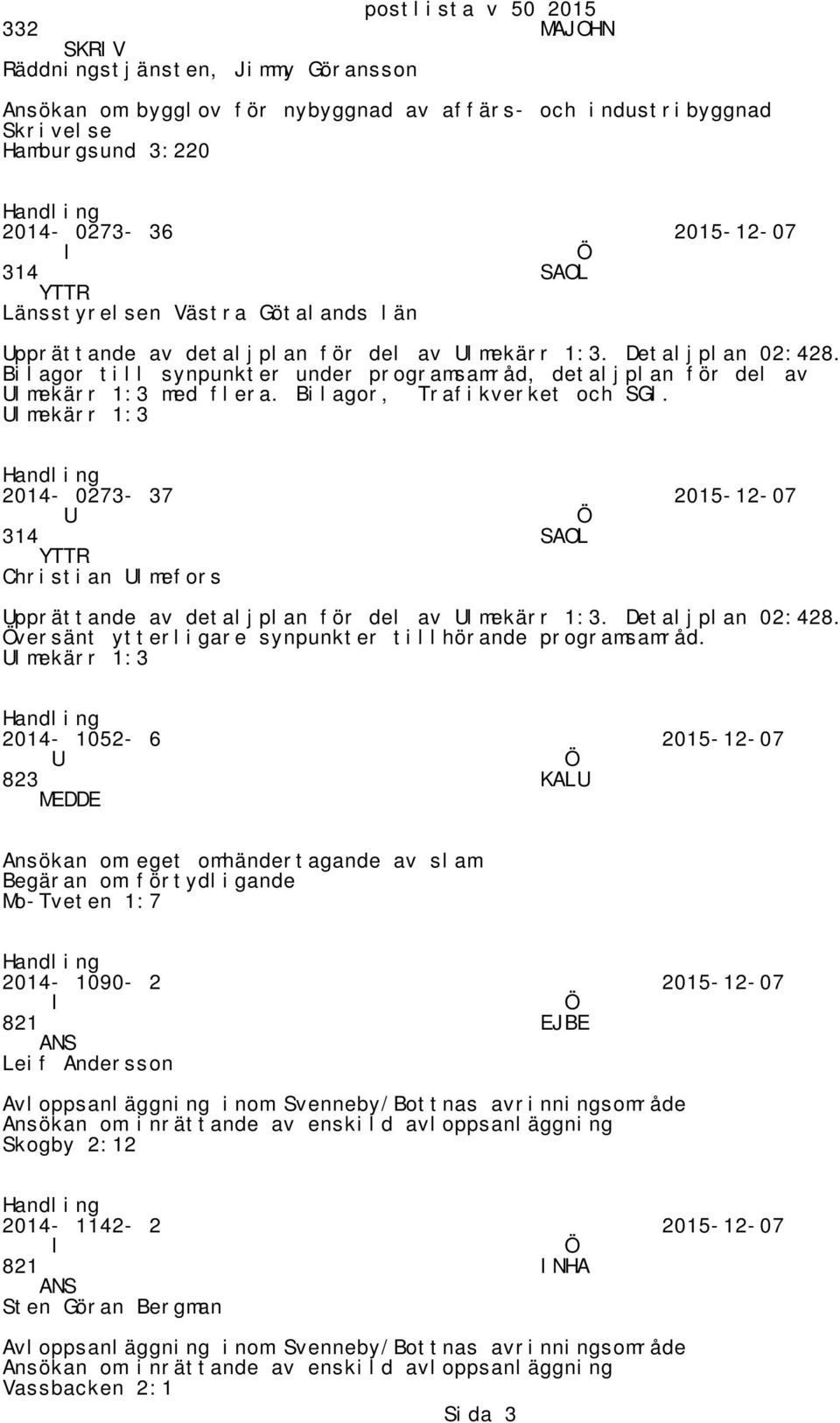 lmekärr 1:3 2014-0273- 37 2015-12-07 314 SOL YTTR Christian lmefors pprättande av detaljplan för del av lmekärr 1:3. Detaljplan 02:428. versänt ytterligare synpunkter tillhörande programsamråd.