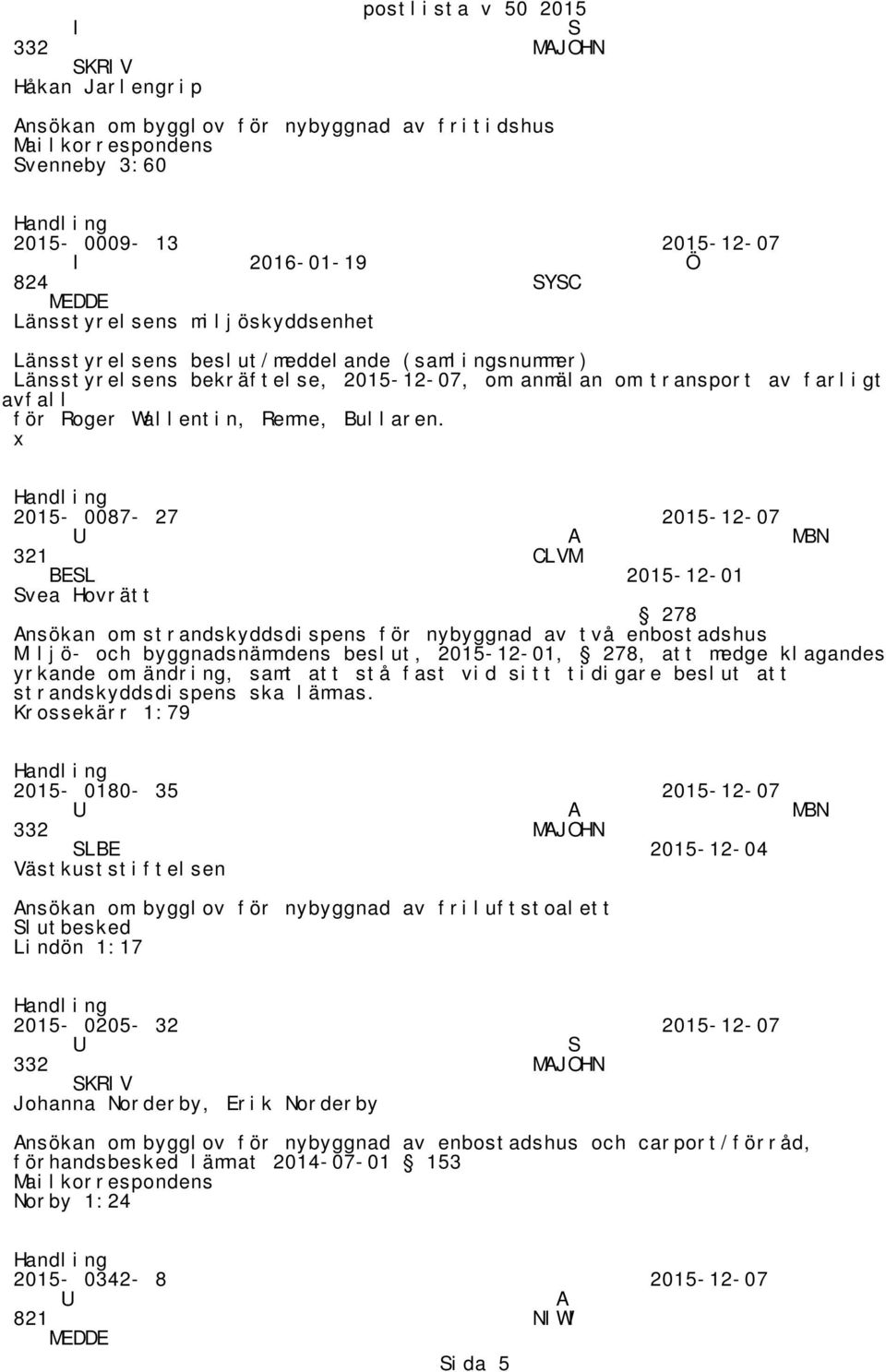 x 2015-0087- 27 2015-12-07 MBN 321 CLVM BESL 2015-12-01 Svea Hovrätt 278 nsökan om strandskyddsdispens för nybyggnad av två enbostadshus Miljö- och byggnadsnämndens beslut, 2015-12-01, 278, att medge