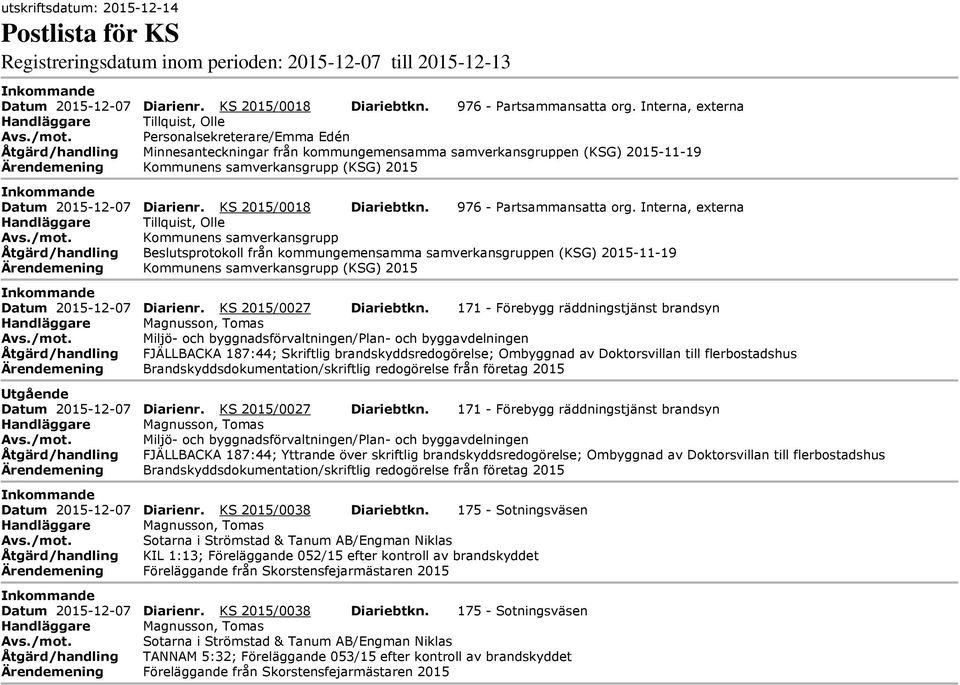 samverkansgrupp (KSG) 2015 nkommande Datum 2015-12-07 Diarienr. KS 2015/0018 Diariebtkn. 976 - Partsammansatta org.