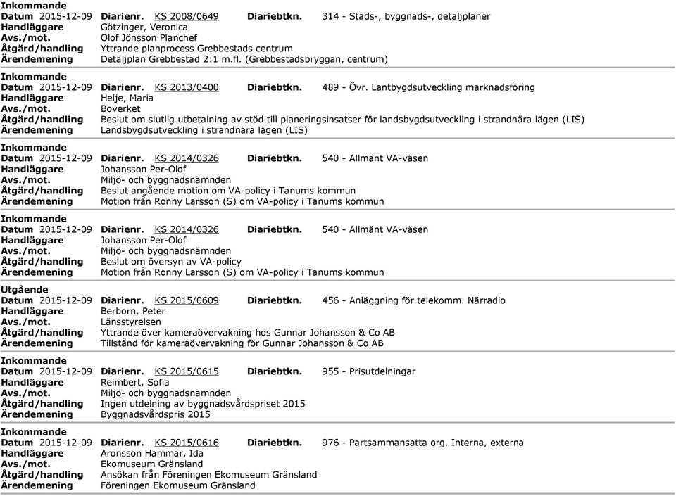 (Grebbestadsbryggan, centrum) nkommande Datum 2015-12-09 Diarienr. KS 2013/0400 Diariebtkn. 489 - vr.