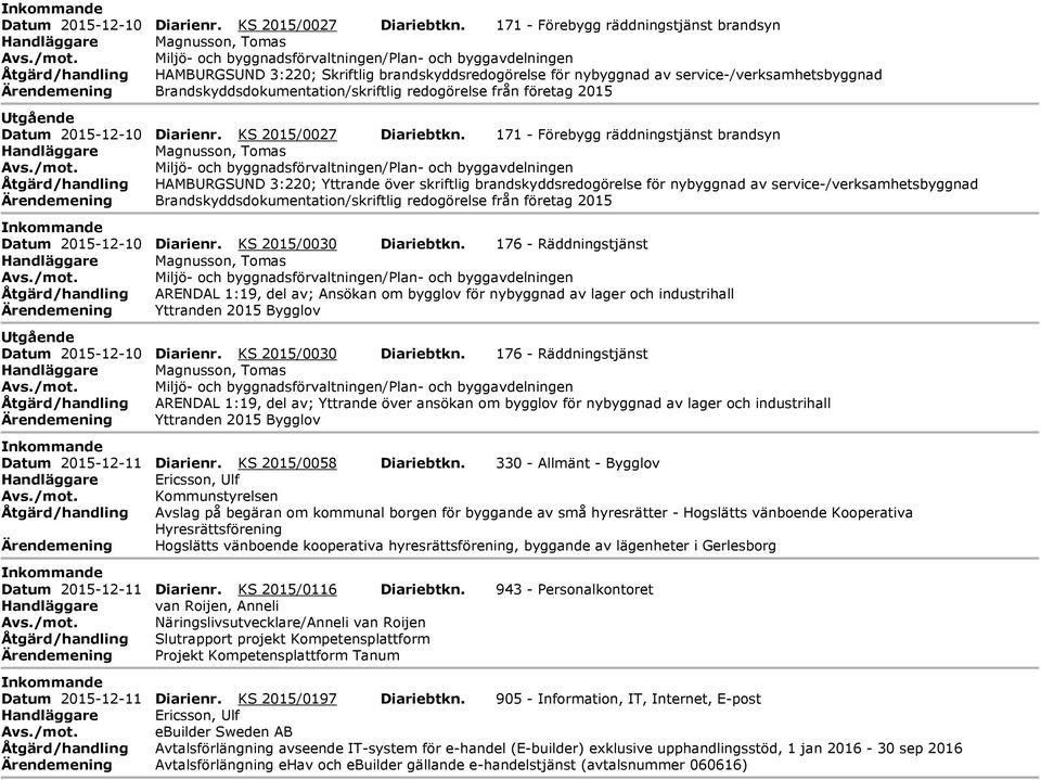 nybyggnad av service-/verksamhetsbyggnad Ärendemening Brandskyddsdokumentation/skriftlig redogörelse från företag 2015 tgående Datum 2015-12-10 Diarienr. KS 2015/0027 Diariebtkn.