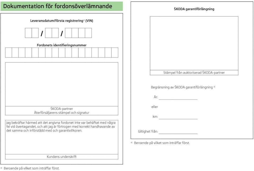 det angivna fordonet inte var behäftat med några fel vid övertagandet, och att jag är förtrogen med korrekt handhavande av det samma och införstådd med