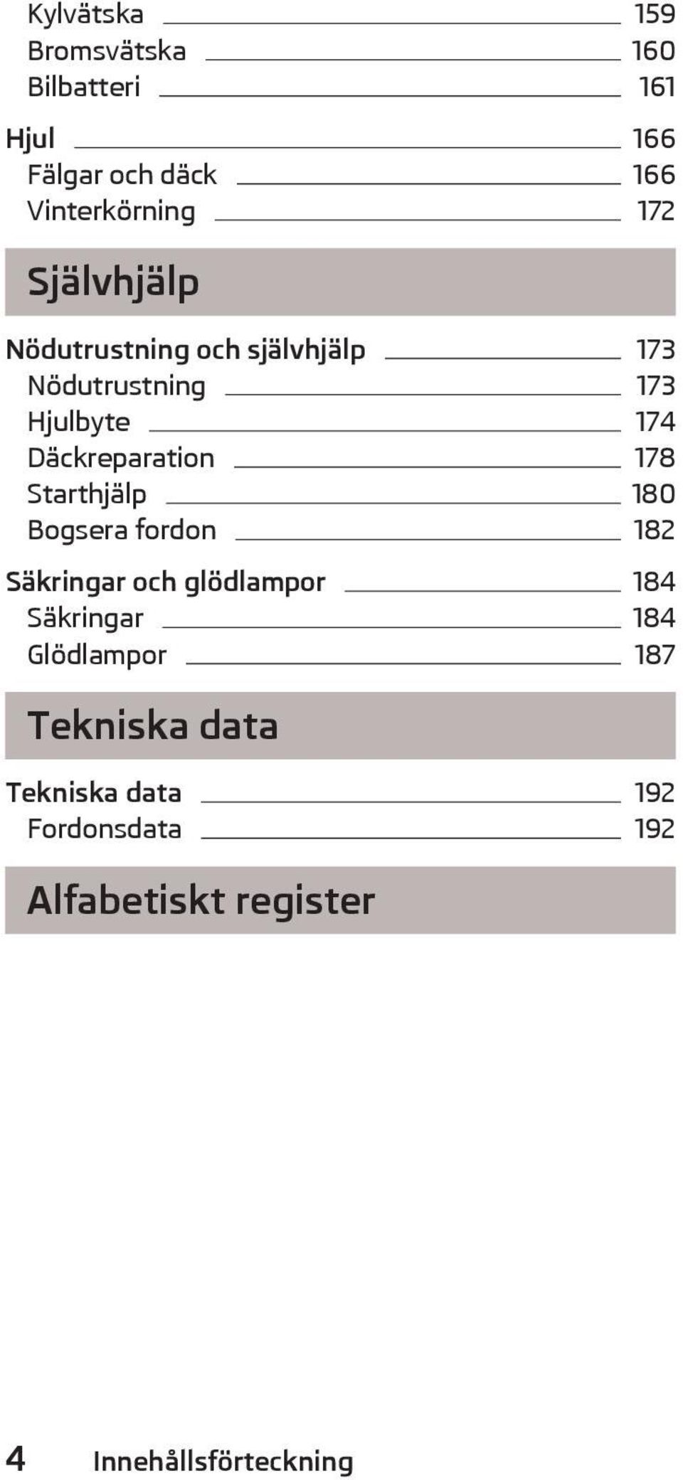 178 Starthjälp 180 Bogsera fordon 182 Säkringar och glödlampor 184 Säkringar 184 Glödlampor