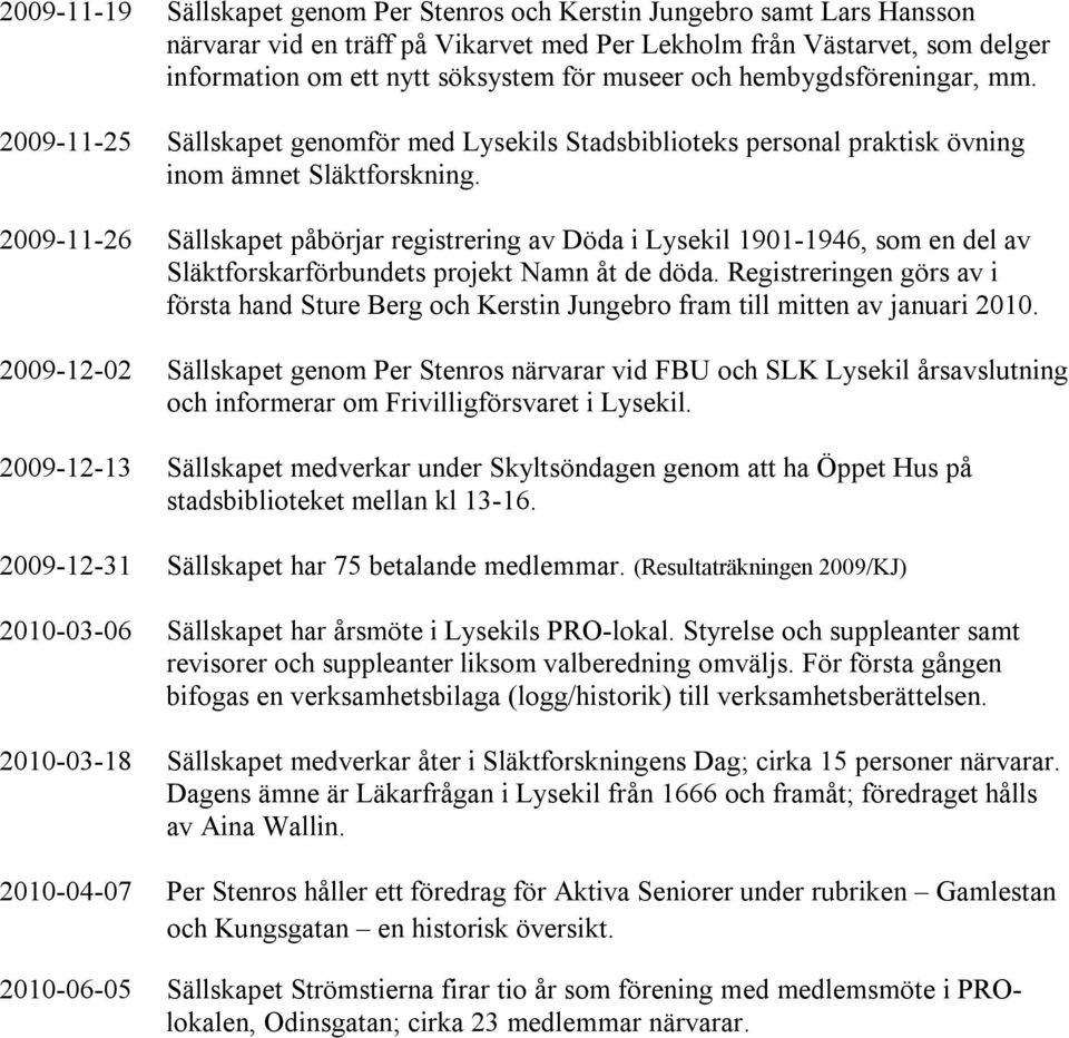 2009-11-26 Sällskapet påbörjar registrering av Döda i Lysekil 1901-1946, som en del av Släktforskarförbundets projekt Namn åt de döda.