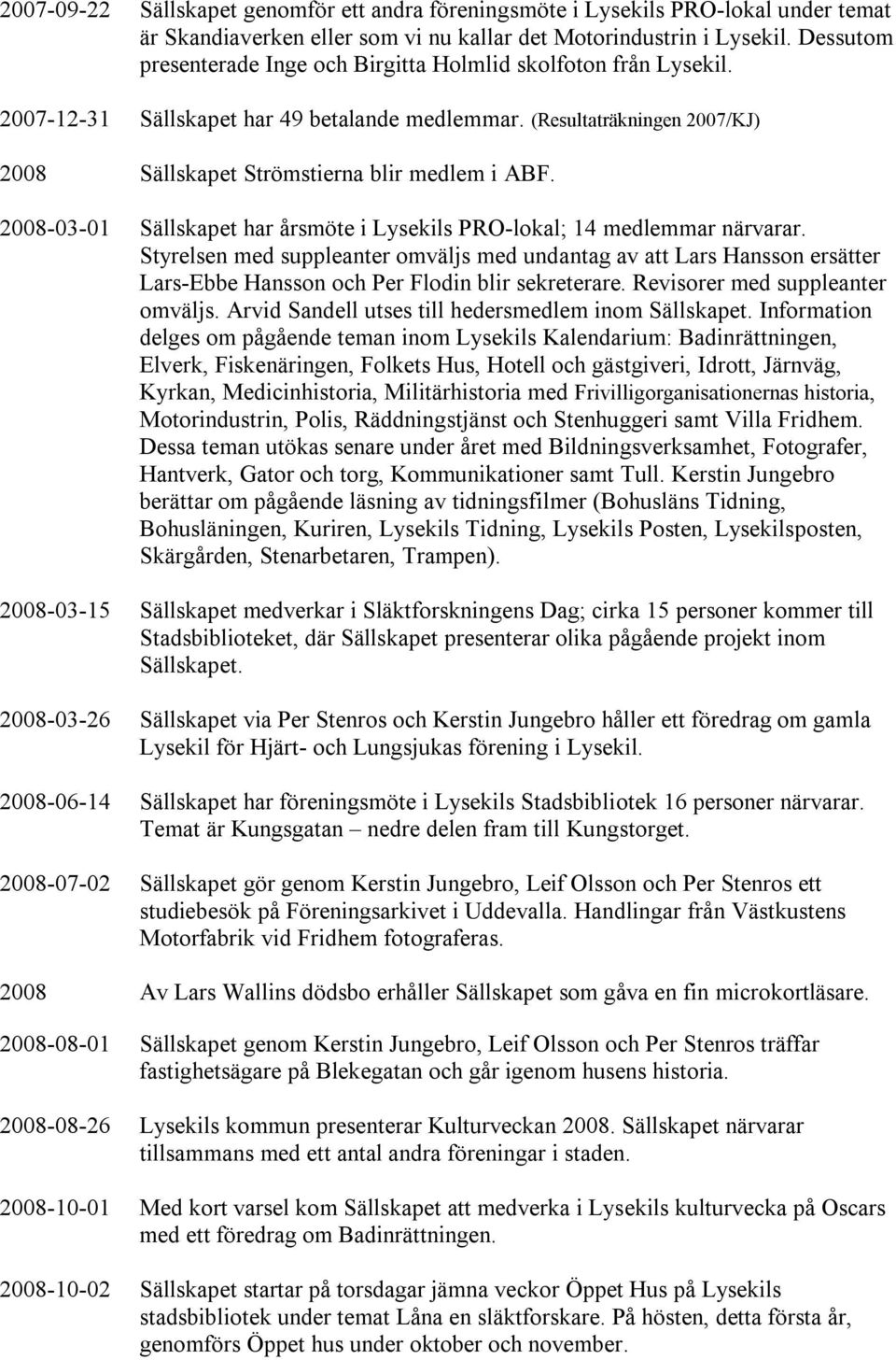 2008-03-01 Sällskapet har årsmöte i Lysekils PRO-lokal; 14 medlemmar närvarar.