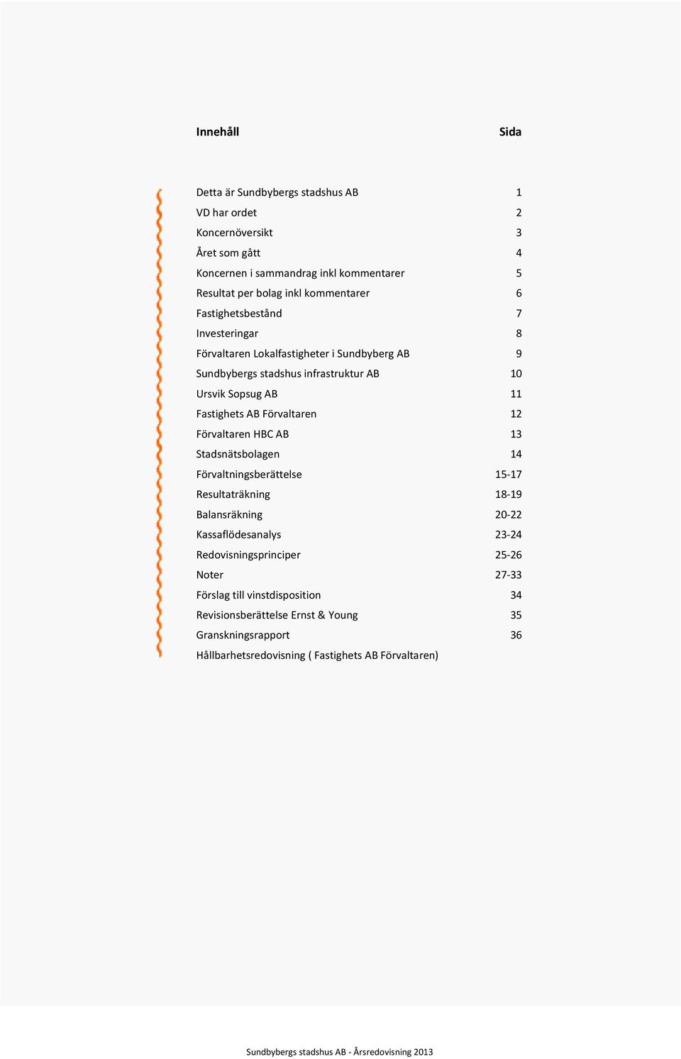 Förvaltaren HBC AB 13 Stadsnätsbolagen 14 Förvaltningsberättelse 15-17 Resultaträkning 18-19 Balansräkning 20-22 Kassaflödesanalys 23-24 Redovisningsprinciper 25-26 Noter 27-33