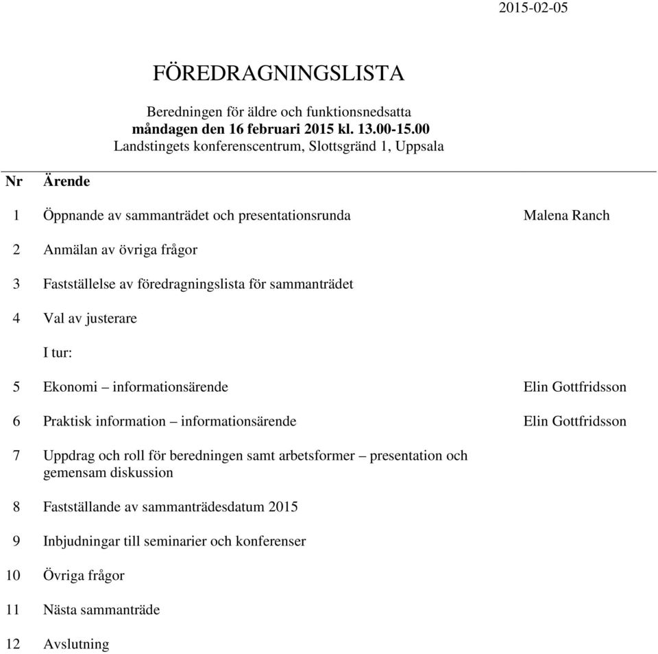 av föredragningslista för sammanträdet 4 Val av justerare I tur: 5 Ekonomi informationsärende Elin Gottfridsson 6 Praktisk information informationsärende Elin Gottfridsson