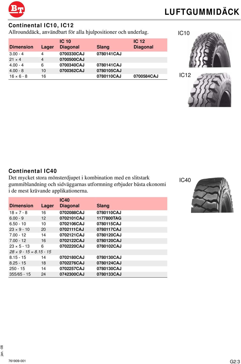 00-8 10 0700362CAJ 0780105CAJ 16 6-8 16 0780110CAJ 0700584CAJ IC10 IC12 Continental IC40 Det mycket stora mönsterdjupet i kombination med en slitstark gummiblandning och sidväggarnas utformning